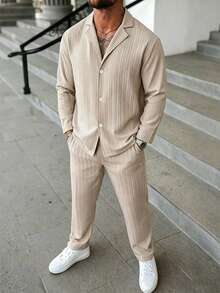 Manfinity Homme Men's Casual Versatile Solid Color Shirt And Long Pants - Khaki - View 3