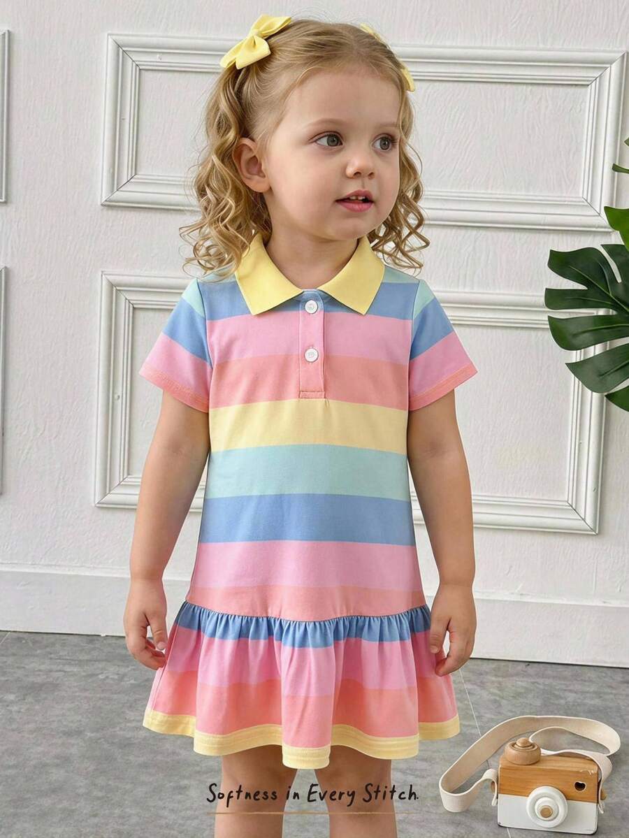 Cozy Pixies Baby Girl Casual Home Sweet Cute Rainbow Striped Button Front Lapel Sleeveless Patchwork Ruffle Hem A-Line Dress T-Shirt Dress Polo Dress - Multicolor - View 1