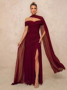 Lumalex Elegant Gray Minimalist Off Shoulder Ruched Asymmetric A-Line High Slit Dress, Suitable For Weddings, Formal Events, Galas, And Cocktail Parties Party - Burgundy - View 1