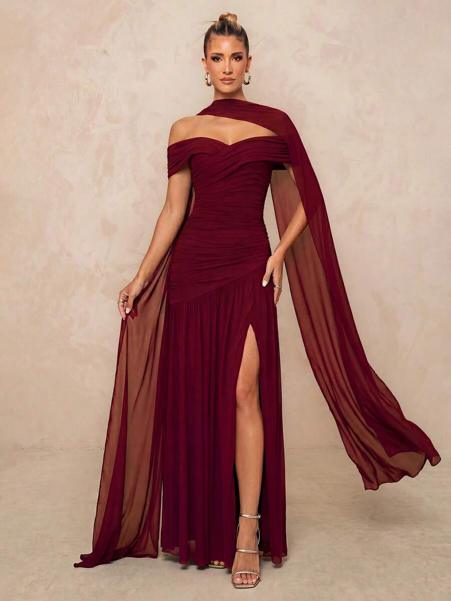 Lumalex Elegant Gray Minimalist Off Shoulder Ruched Asymmetric A-Line High Slit Dress, Suitable For Weddings, Formal Events, Galas, And Cocktail Parties Party - Burgundy - View 1