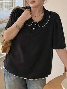 Dazy Plus Colorblock Peter Pan Collar Fitted Short Sleeve College Style Casual Black Spring/Summer T-Shirt - Black - View 2