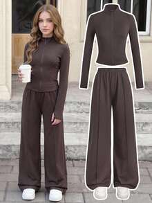 SHEIN Teen Girls Autumn/Winter New Casual Sports Knit Brown Solid Color Stand Collar Slim Fit Jacket & Pants Set - Brown - View 1