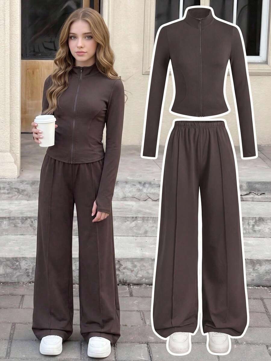 SHEIN Teen Girls Autumn/Winter New Casual Sports Knit Brown Solid Color Stand Collar Slim Fit Jacket & Pants Set - Brown - View 1