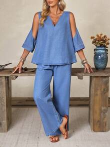 EMERY ROSE Set Denim Kasual Wanita Model V-Neck dan Celana Panjang untuk Liburan Sehari-hari, Warna Biru Muda, Musim Gugur - Biru - View 8