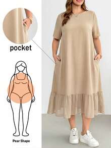 Shapeblank Plus-Size Women's Spring/Summer Fashion Casual Loose Comfortable Everyday Basic Versatile Slimming Black Short-Sleeved Chiffon Patchwork Mid-Length Dress,Summer Outfits,Pocket Dress,Simple Style - Apricot - View 1