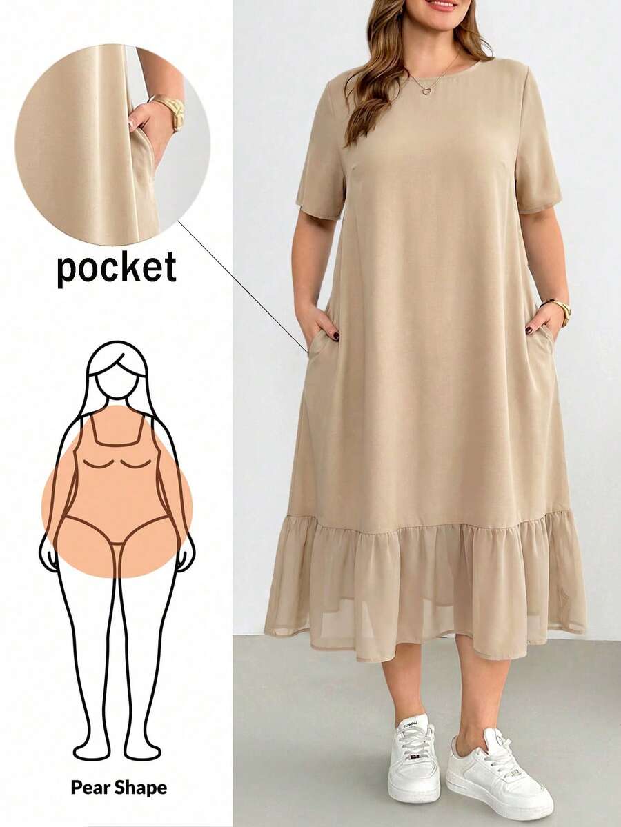 Shapeblank Plus-Size Women's Spring/Summer Fashion Casual Loose Comfortable Everyday Basic Versatile Slimming Black Short-Sleeved Chiffon Patchwork Mid-Length Dress,Summer Outfits,Pocket Dress,Simple Style - Apricot - View 1