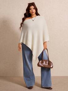Elaquor Plus Size Women's Solid Color Asymmetrical Shoulder Batwing Sleeve Asymmetrical Hem Sweater Winter - Apricot - View 5