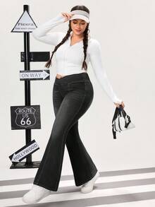 Flexra Plus Size Women's Fashion Casual Flare Jeans - Black - View 4