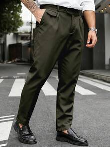 Manfinity Mode 男士大尺碼純色百褶直筒通勤西裝長褲 - 軍綠色 - 查看 6