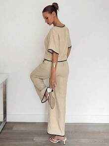 Siren Gaze Women's Elegant Casual Two Pieces Set Contrast Binding Short Sleeve Crop Top Wide Leg Pants Summer Vacation Outfit Old Money Style Black And Beige - Apricot - View 3