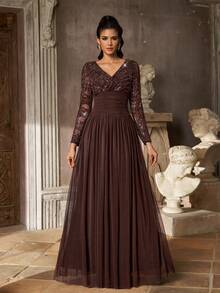 Aureia Elegant Luxurious Beaded Sequin Elastic Lace Patchwork Chiffon Ruched Sheer Long Sleeve Full Skirt Evening Dress For Wedding, Bachelor Party, Vacation, Holiday, Gathering, Music Festival, Graduation, Dinner Party (Free Floating Petals) - Coffee Brown - View 6