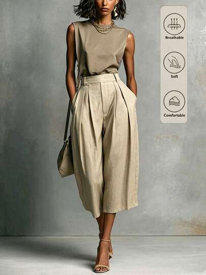 SHEIN Beige High-Waist Pleated Wide Leg Capri Pants For Women, Draping Slimming Straight Leg Trousers, Summer New Style, Pear-Shaped Body Friendly, Casual Versatile Commuter Pants