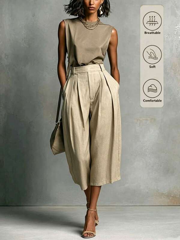 SHEIN Beige High-Waist Pleated Wide Leg Capri Pants For Women, Draping Slimming Straight Leg Trousers, Summer New Style, Pear-Shaped Body Friendly, Casual Versatile Commuter Pants