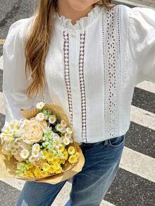 SHEIN 青少年女孩休閒純棉白色襯衫，刺繡裝飾、荷葉邊、單排扣，純白色優雅鏤空襯衫，春季風格 - 白色 - 查看 8