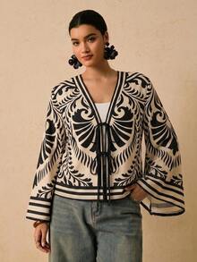Travachic Plus Size Women's Long-Sleeve Shirt With A Black-And-White Tropical Print And Front Tie Design Fall Clothes Holiday Outfits - Multicolor - View 6
