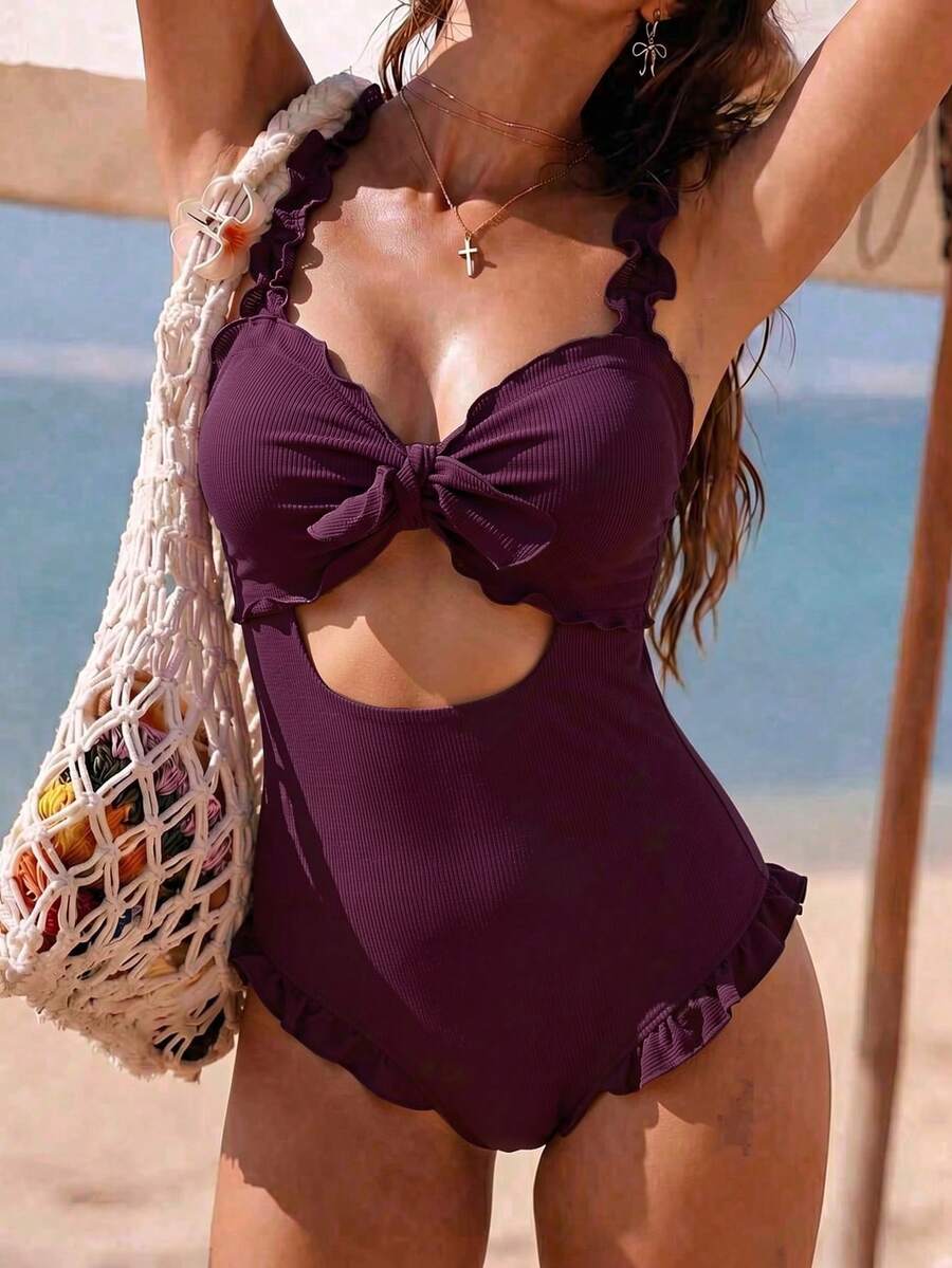 Springbreak Swim Mod 隨機印花粗肩帶無鋼圈女款可愛連身泳衣,夏季海灘俱樂部度假節慶波希米亞風性感熱帶黑色 - 中紫紅色 - 查看 1