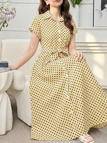 SHEIN 青少年女孩波點圖案短袖單排扣休閒襯衫洋裝 - 黃色 - 查看 3