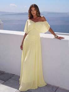 Aloruh Women's Elegant Solid Color Asymmetrical Collar Long Dress Vacation Pale Yellow Summer - Light Yellow - View 3