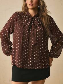 Freevana French Retro Elegant | Brown Polka Dot Sheer Chiffon Long Sleeve Blouse Neck Bow Loose Fit Top - Coffee Brown - View 5