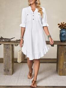 Breezaya Women's Button-Front V-Neck Utility Pocket Casual Denim Dress - White - View 14