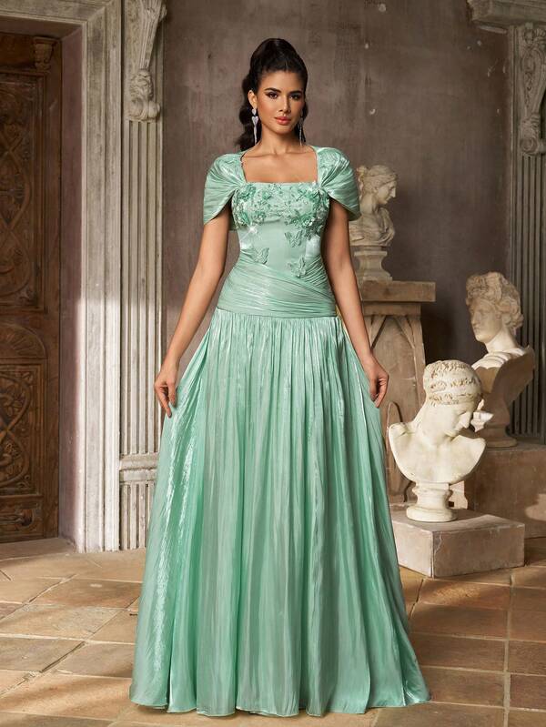 Aureia Women's 3D Butterfly Decor Pleated Elegant Luxurious Dark Green Evening Dress