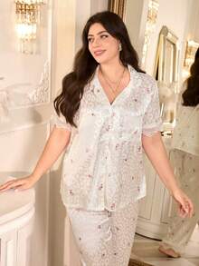 SHEIN Plus Size Elegant Faux Silk Floral Leopard Print Jacquard Contrast Lace Pajama Set - White - View 2
