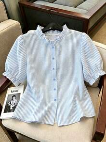 Resyla Women's Summer Casual Striped Petal Sleeve Blouse - Blue - View 1