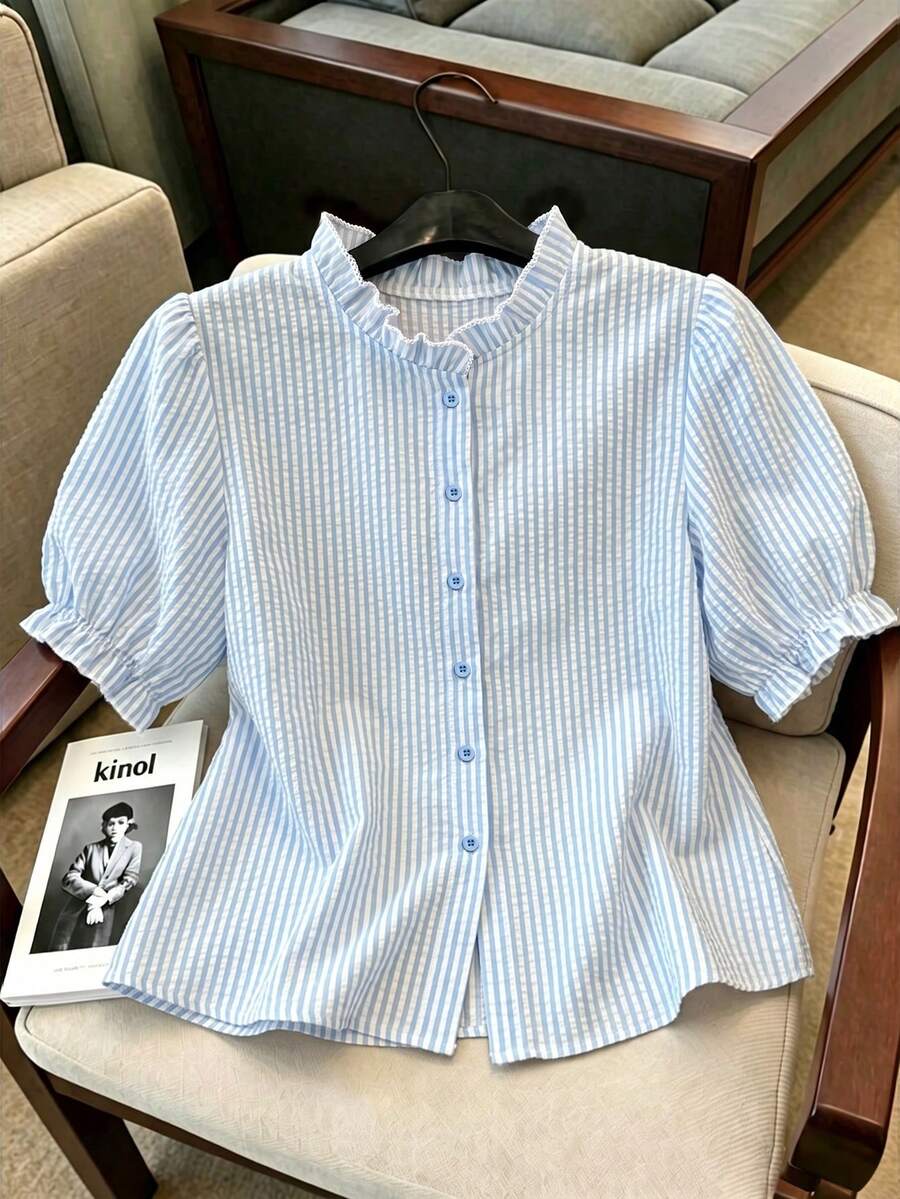 Resyla Women's Summer Casual Striped Petal Sleeve Blouse - Blue - View 1