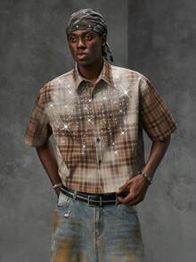 NEON BLANC Men's Summer Fashion Plaid Rhinestone Denim Jacket - Brown - View 3