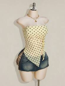 SHEIN ICON Women's Polka Dot Asymmetrical Hem Bandeau Top - Light Yellow - View 6