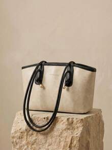 Arave 1个绗缝拉链PU纯色保龄球包，大容量手提包，新款时尚纹理单肩包，复古风格美拉德腋下通勤手提包，学生书包带绳结吊坠，适合女性日常使用 - 白色 - 查看 2
