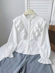SHEIN 青少年女孩休閒優雅純白色層次荷葉邊襯衫，純白色上衣，優雅白色襯衫，學院風，返校季，長袖白色襯衫 - 白色 - 查看 10