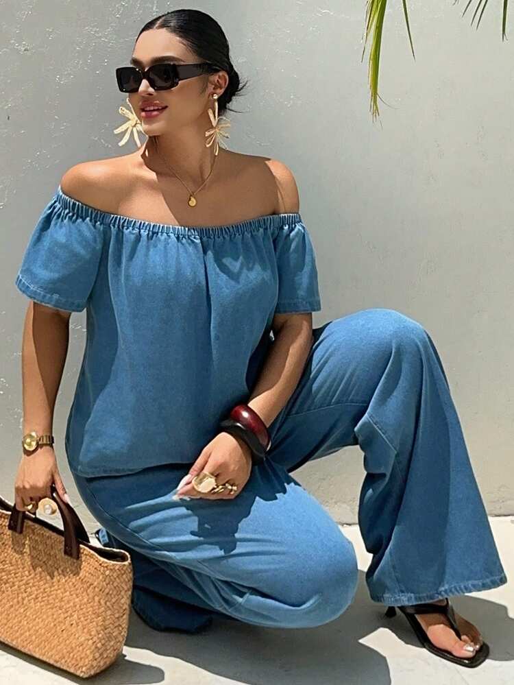 Dazy Plus Dark Wash Blue Denim Set, Off-Shoulder Loose Denim Top And Long Wide Leg Denim Pants, Spring/Autumn Denim Two Pieces Set Summer - Dark Wash - View 1