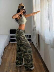 SHEIN PETITE 低腰無彈力橄欖綠寬腿牛仔褲，夏季夜晚街頭穿搭，90年代 Rave Y2K 風格，適合嬌小女性外出日常穿著 - 彩色 - 查看 5