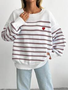 EURMUSE Striped & Heart Pattern Drop Shoulder Sweater - Brown - View 4