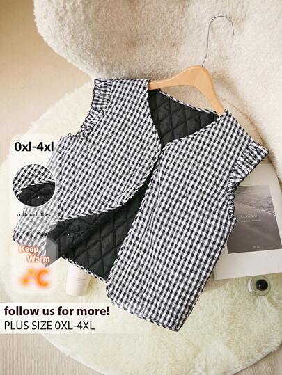 CosyJoli Plus Size Casual Cap Sleeve Diamond Quilted Cotton Padded Vest Jacket