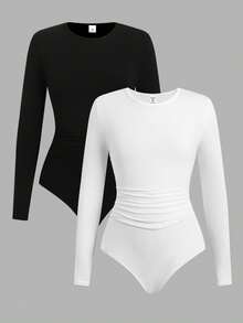 SHEIN Bodysuit & Jumpsuit Anak Perempuan Remaja Perempuan Remaja Perempuan Remaja Perempuan 2pcs Set Jumpsuit Rajut Leher Bulat Lengan Panjang - Hitam dan Putih - View 1