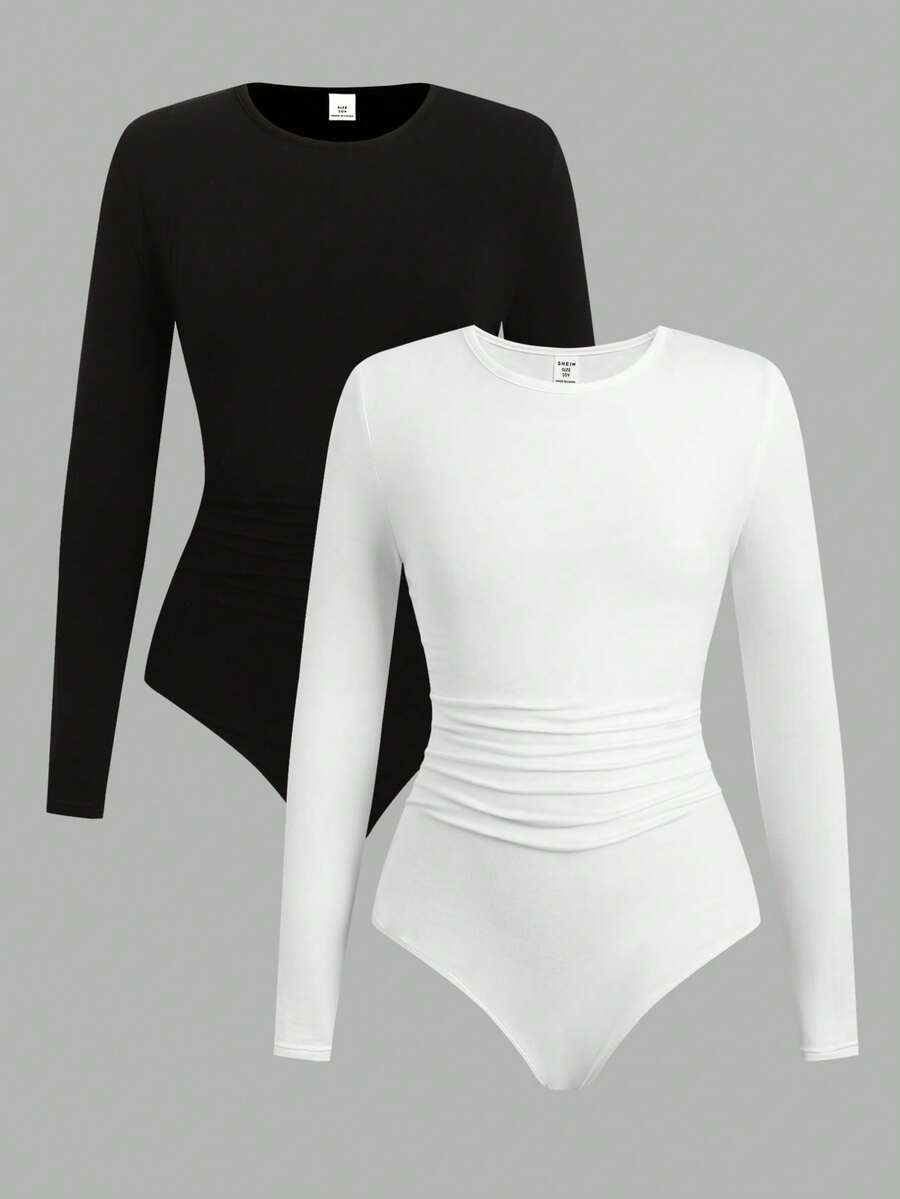 SHEIN Bodysuit & Jumpsuit Anak Perempuan Remaja Perempuan Remaja Perempuan Remaja Perempuan 2pcs Set Jumpsuit Rajut Leher Bulat Lengan Panjang - Hitam dan Putih - View 1