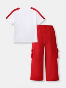 SHEIN Casuvi Kids 女童字母印花拼色T恤與翻蓋口袋工裝褲2件式夏季套裝 - 紅色 - 查看 2