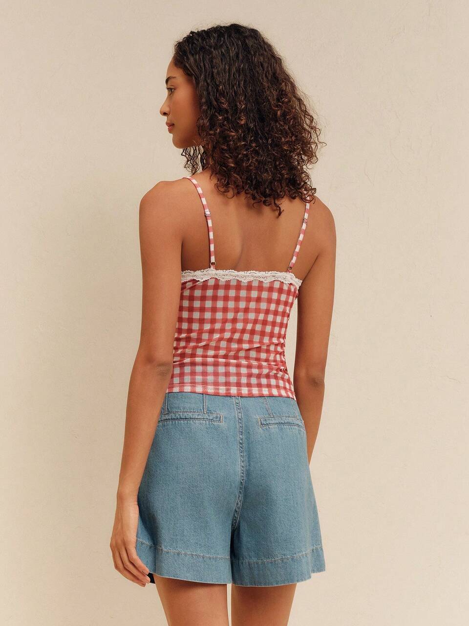 Chic Red Gingham Camisole Top With White Lace Details And Spaghetti Straps Cute French Summer Holiday Vintage