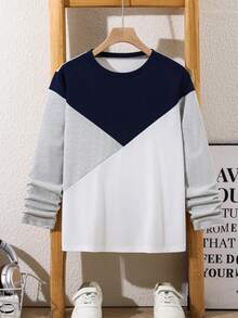 SHEIN Kids Tween Boy Casual Comfortable Versatile Colorblock Patchwork Design Crew Neck Long Sleeve T-Shirt Top, Suitable For Commuting, School, Daily Casual, Outings, Sports, Spring, Summer, Autumn, Winter - White - View 6