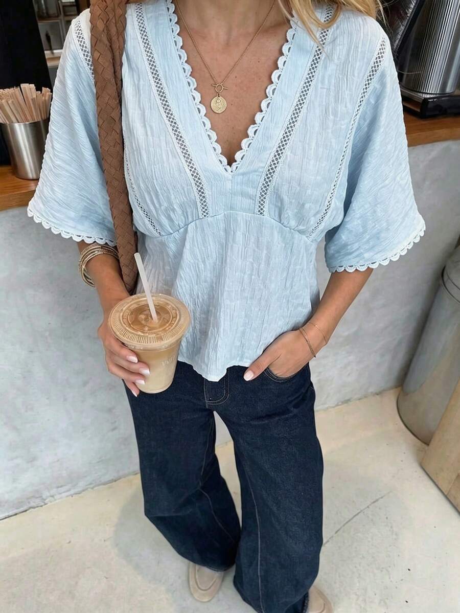 Pariaura 春夏法式黑色蕾絲飾邊上衣,V領挖空腰部短袖紋理荷葉邊上衣 - 藍色 - 查看 1