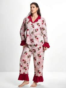 Slumbrini 大码女式撞色荷叶边翻领长袖上衣和裤子睡衣套装，玫瑰花印花，秋冬服装 - 酒紅色 - 查看 4