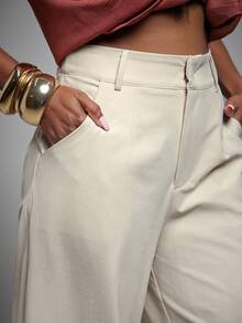 Vixey High Waist Fold Over Cuffed Hem Barrel Leg Trousers - Beige - View 3