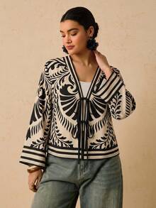 Travachic Plus Size Women's Long-Sleeve Shirt With A Black-And-White Tropical Print And Front Tie Design Fall Clothes Holiday Outfits - Multicolor - View 4