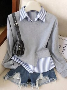 Tween Girl Tween Girl Spring/Autumn New Fashionable Stylish Casual Versatile Design 2 In 1 Linen Striped Patchwork Turn-Down Collar Daily Commute Sweatshirt - Multicolor - View 2
