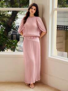 MOTF PREMIUM WOMEN'S ELEGANT PLEATED TOP AND SKIRT 2 PIECES SET - Pink - View 7