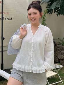 Dazy Plus 女款大尺碼連帽長袖寬鬆紋理布料蕾絲拼接休閒度假風標準版夾克 春夏 - 白色 - 查看 3
