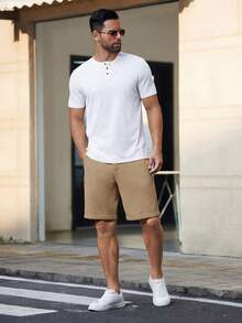 HIMLAND Men's Woven Solid Color Short Mid-Waist Slim Straight Leg Shorts, Knee Length, Suitable For Daily Outings, Spring And Summer Seasons - Brown - View 6