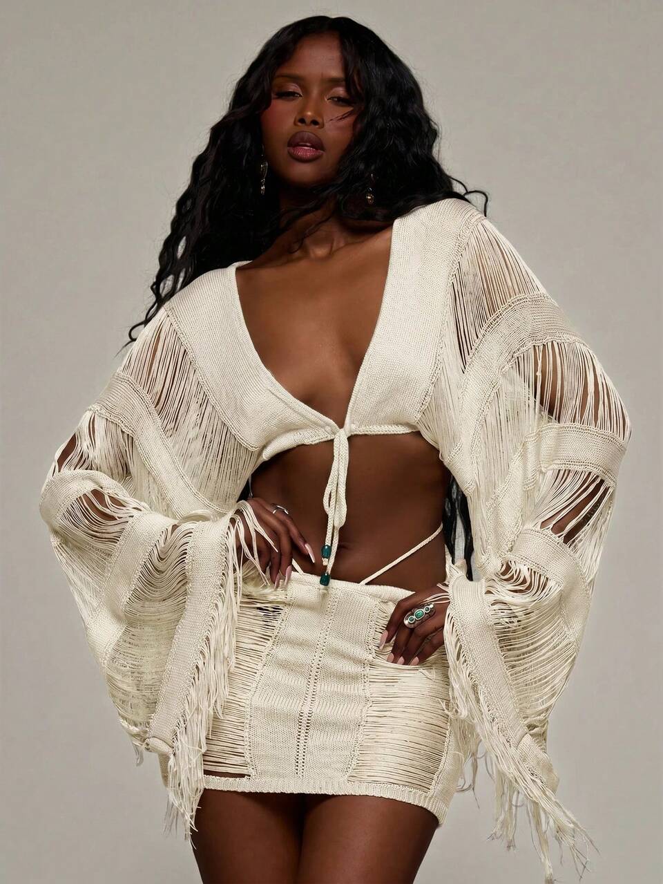 Distressed Sheer Cut-Out Tie Waist Knit Mini Skirt Coord Bottoms Only Summer Holiday Vacation Bohemian Festival Ibiza Trinket
